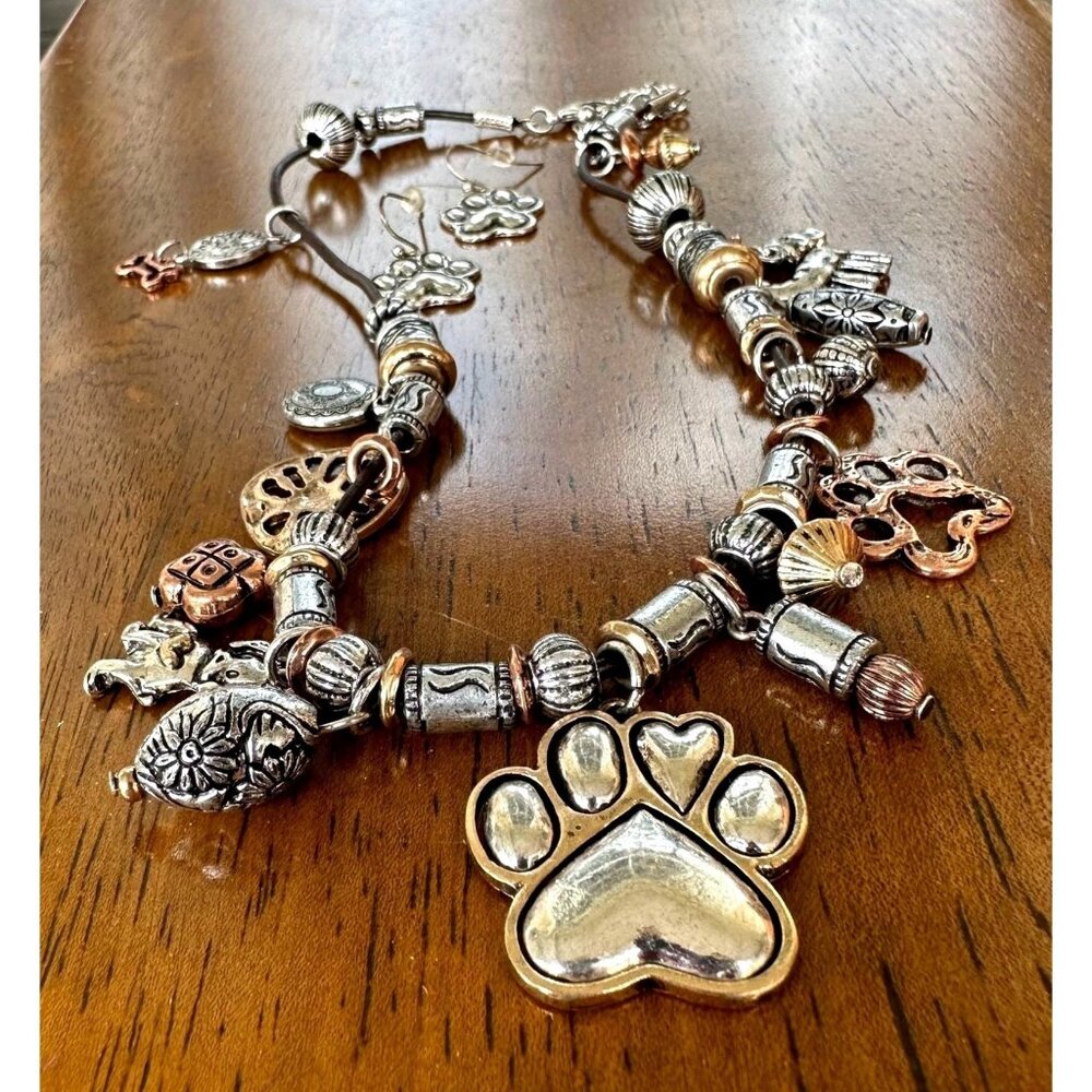 Paw Print Necklace Earrings Set Pendant 17 inch Handmade New Dog Bone An…